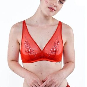 NWT Understance Sheer Plunge Bra With Embroidery Goji Berry Red 34B, 34C, or 36B